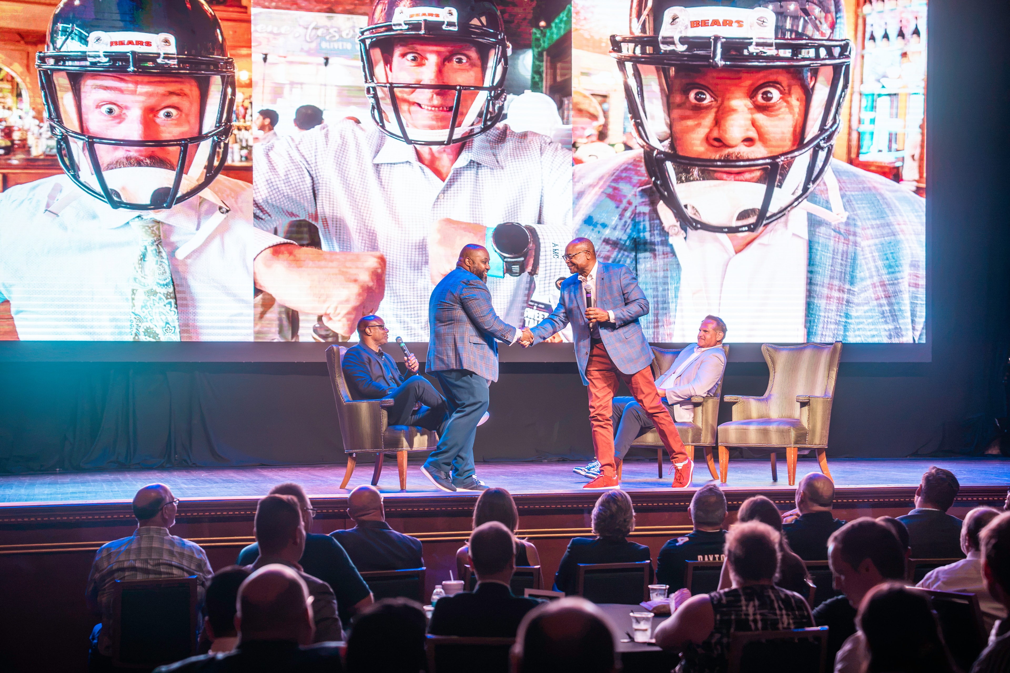 Legends on stage at JP LIVE — Chicago Bears display